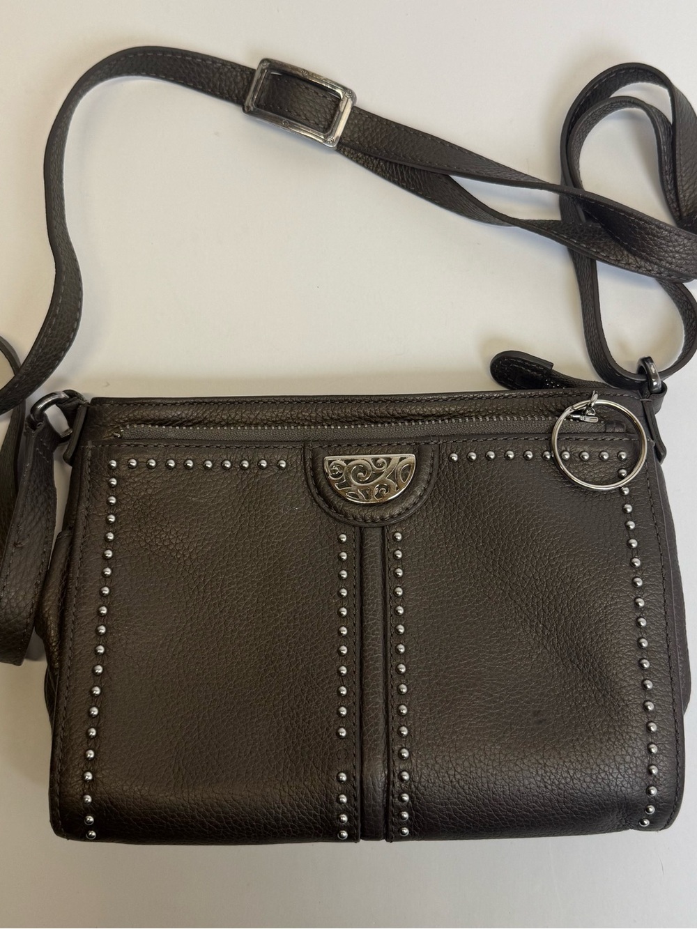 Brighton Organizer Pretty Tough Jagger Studded Crossbody Bag Pewter Pebbled